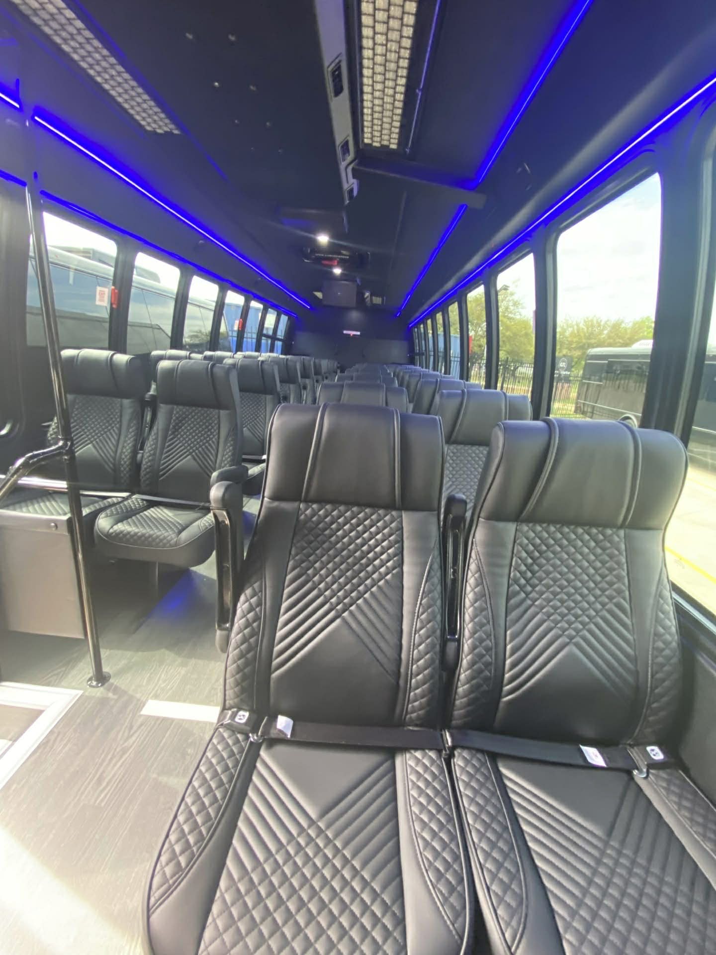 Interior of a luxury premium black bus for group transportation in Dallas–Fort Worth